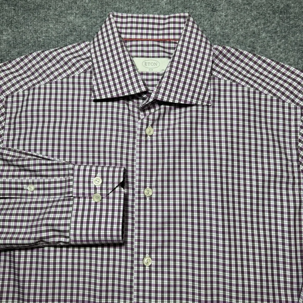 Eton Dress Shirt‎ Men's 39 15.5 Purple Gingham Plaid Check Button Up EUC